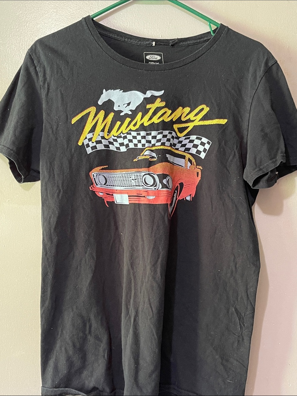 Ford Black Mustang Graphic Tee with Yellow Script and Red Car
